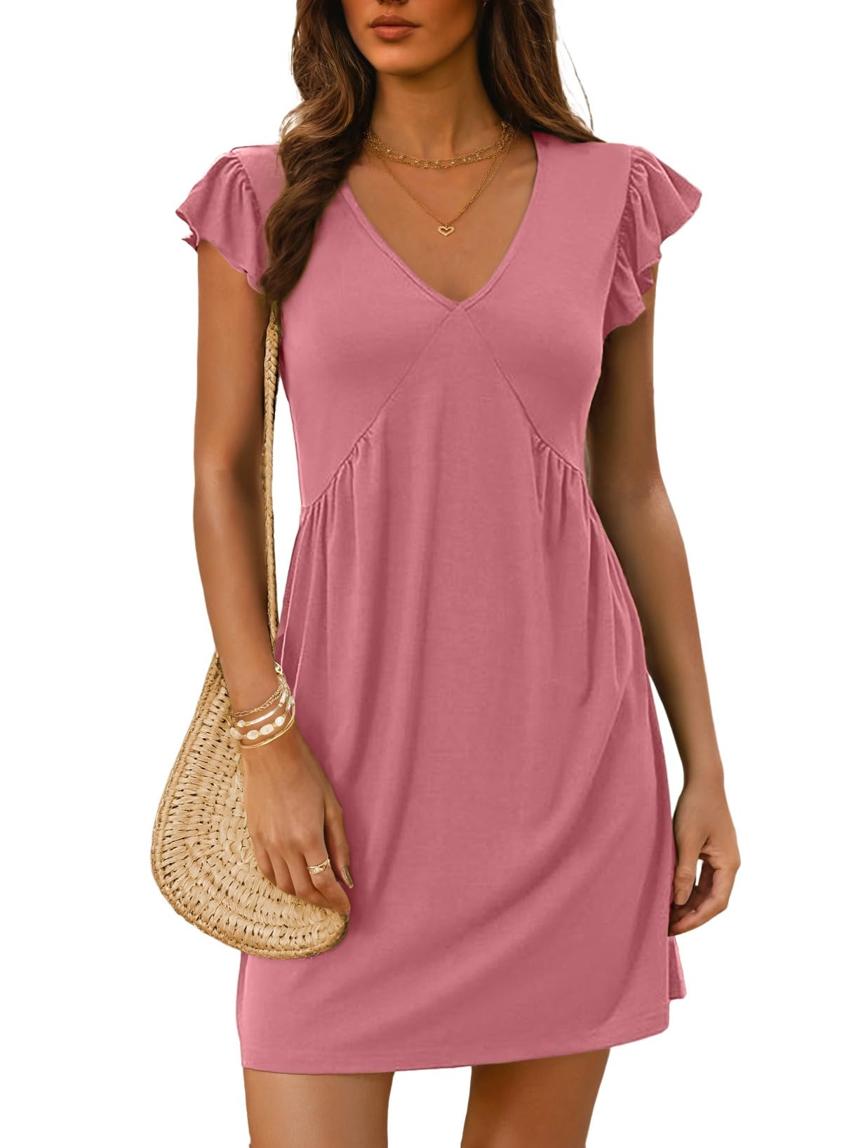 Dokotoo Women's Summer Dresses Beach 2026 Casual Deep V Neck Loose Sundress Ruffle Sleeve Mini Dress