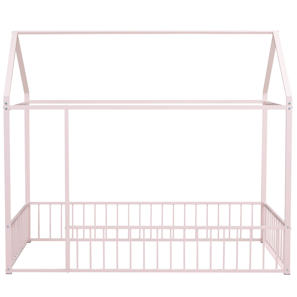 Bellemave Twin Size Montessori Floor Bed, Metal House Bed Framefor Kids, Montessori Floor Beds with Fence, Playhouse for Kids,Black