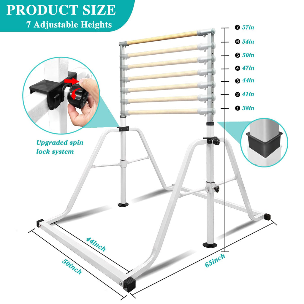 Foldable & Moveable Gymnastics Horizontal Bar with Rings,3’to 5’Adjustable Height Expandable Junior Kip Bar for Home,Indoor Gym Equipment for Kids