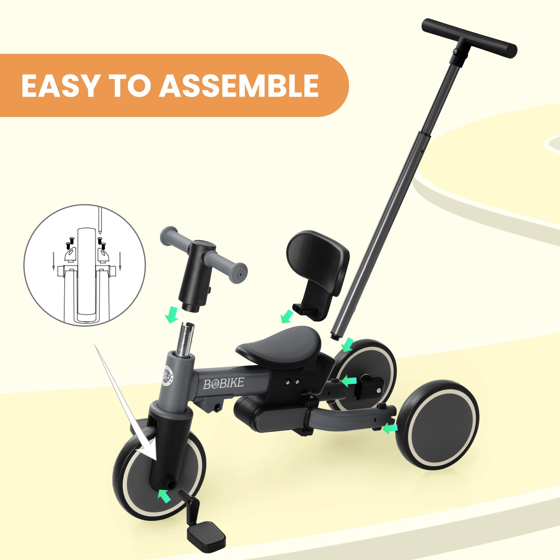 Toddler Bike with Push Handle,Tricycles for 1 to 3 Years Old, Toddler Tricycle with Push Handle for Boy Girl, Baby Balance Bike with Adjustable Seat Height and Removable Pedal (Black)