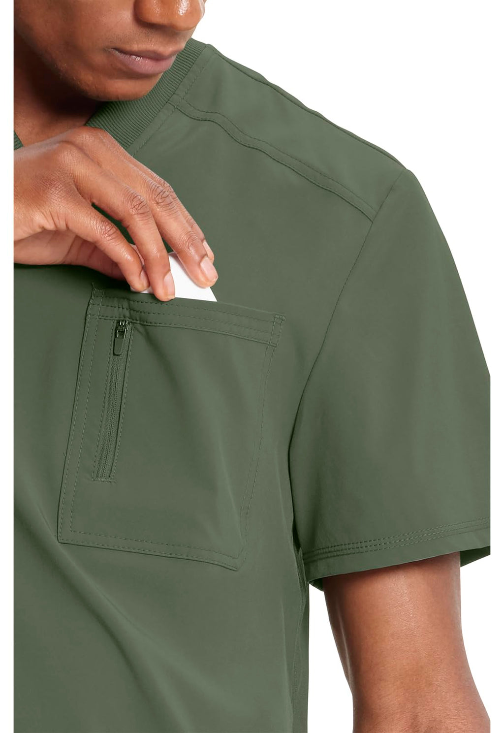 Cherokee Infinity Mens Tuckable V-Neck Scrub Top Modern Fit, 2 Pockets, Zip Chest Pocket, Rib-Knit, 360° Stretch – CK910A
