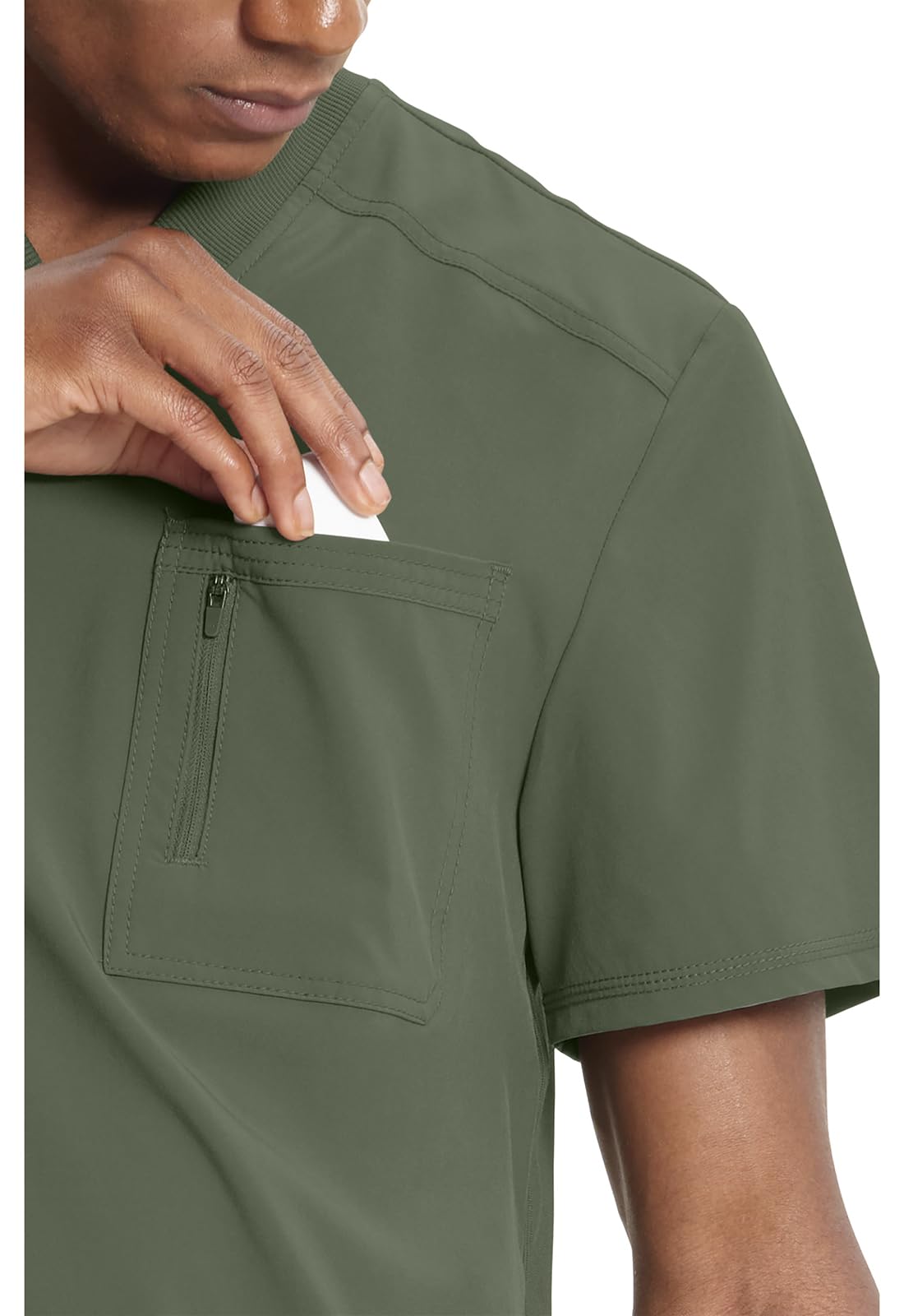 Cherokee Infinity Mens Tuckable V-Neck Scrub Top Modern Fit, 2 Pockets, Zip Chest Pocket, Rib-Knit, 360° Stretch – CK910A