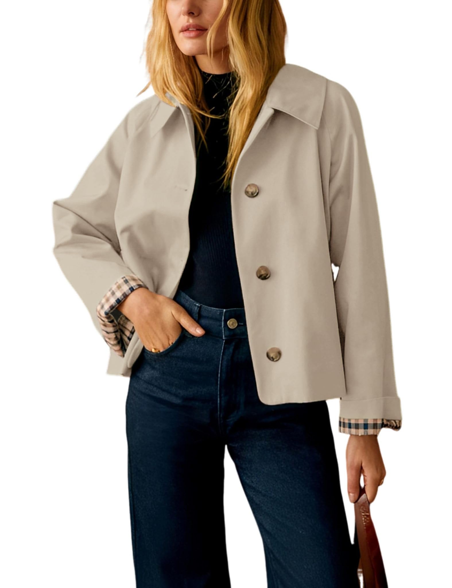 Yeokou Women Oversize Trench Coat Plaid Lining Lapel Button Down Casual Crop Jacket Outwear with Pockets