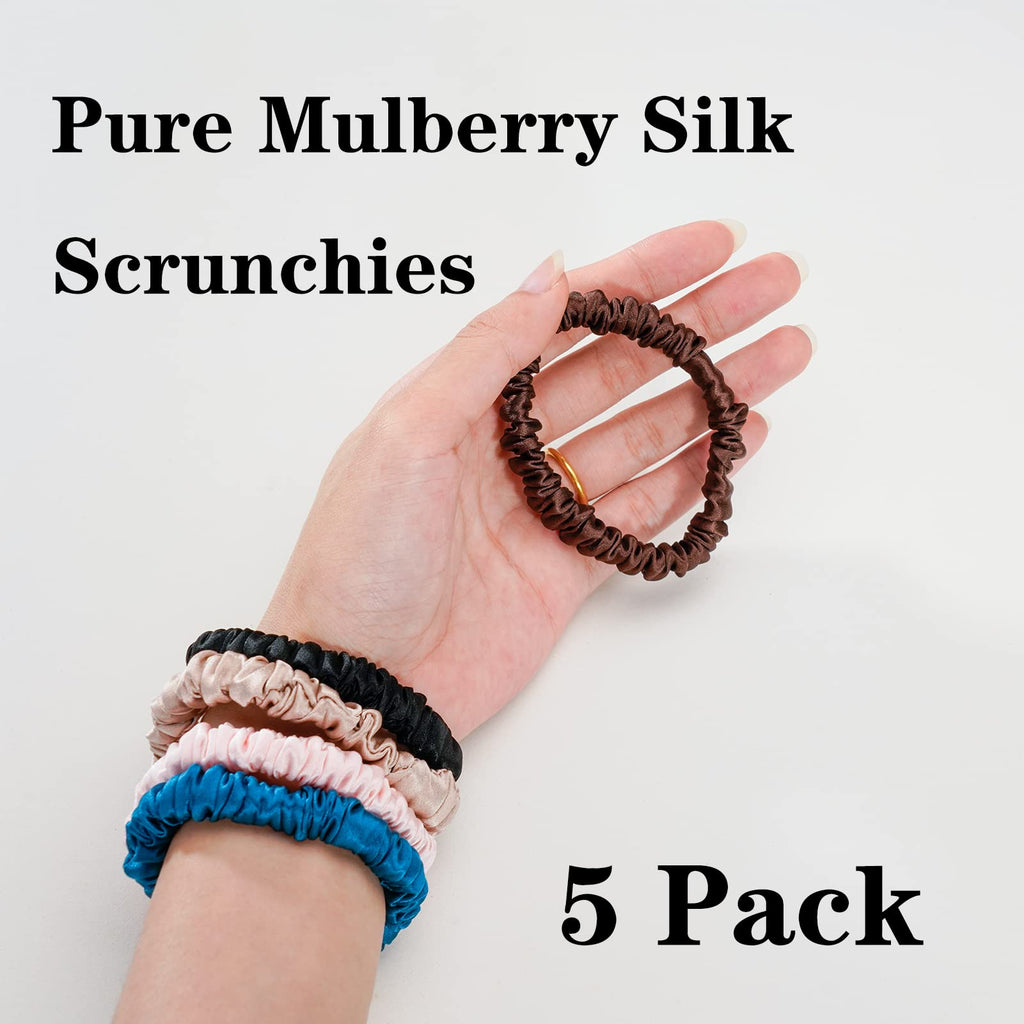 Silk Scrunchies for Hair 100% Mulberry Silk Hair Ties（Silver gray, Dark gray, Pink）