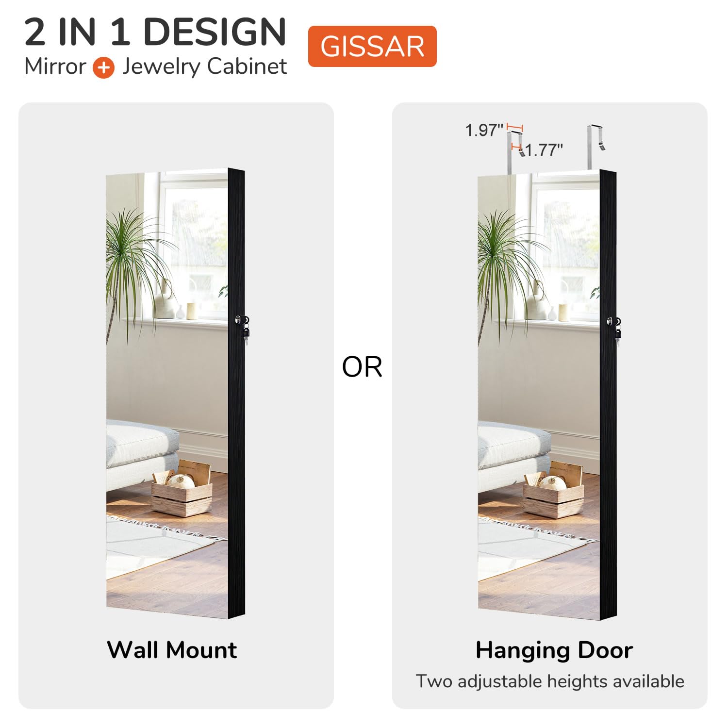 GISSAR Full Length Mirror Jewelry Cabinet, 6 LEDs Jewelry Armoire Wall Mounted Over The Door Hanging, Jewelry Organizer Storage with Lights Lockable, Black, 14.6" x 47.2"