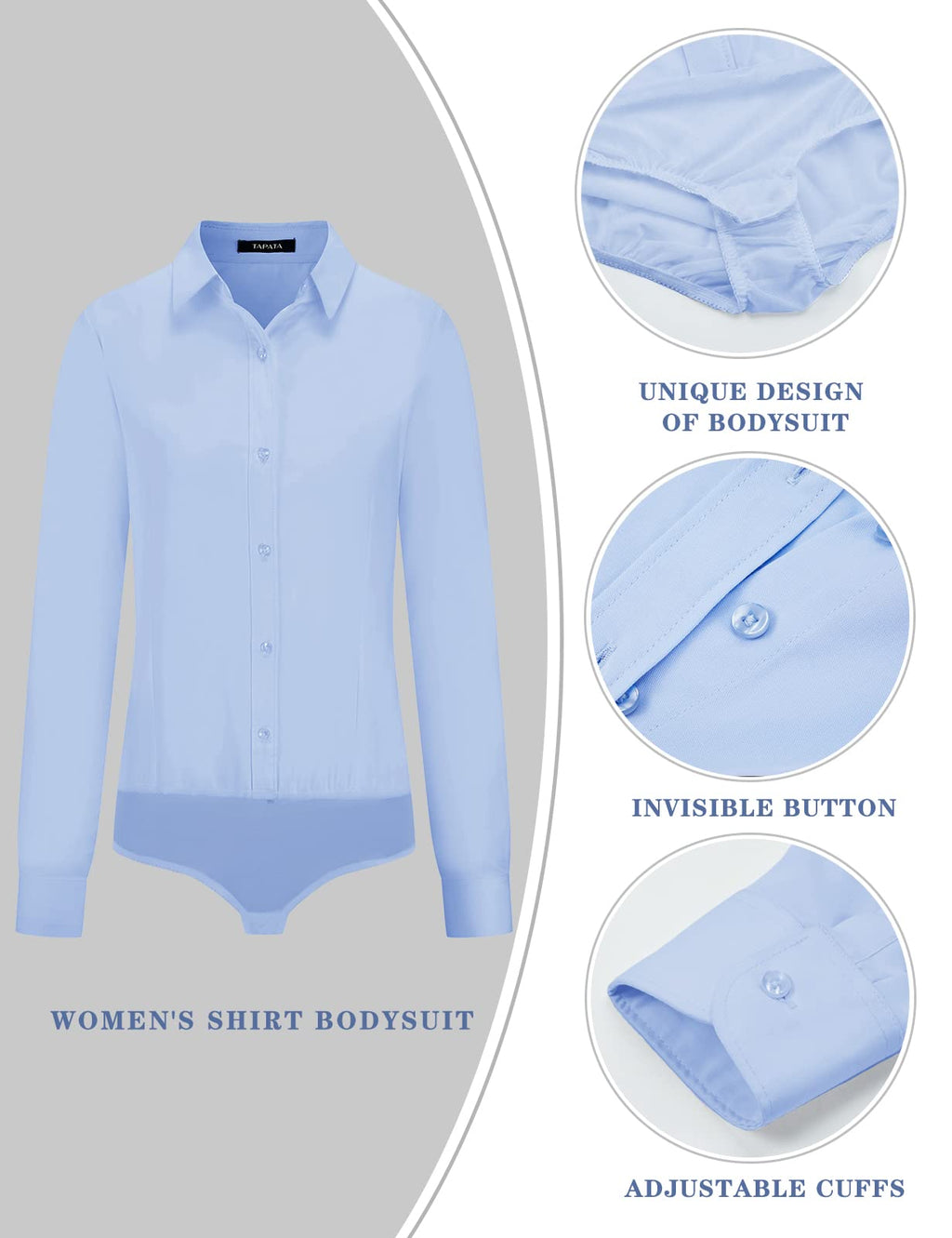 Tapata Womens Bodysuit Blouse Button Down One-Piece Long Sleeve Solid Office Work Shirt Casual Tops