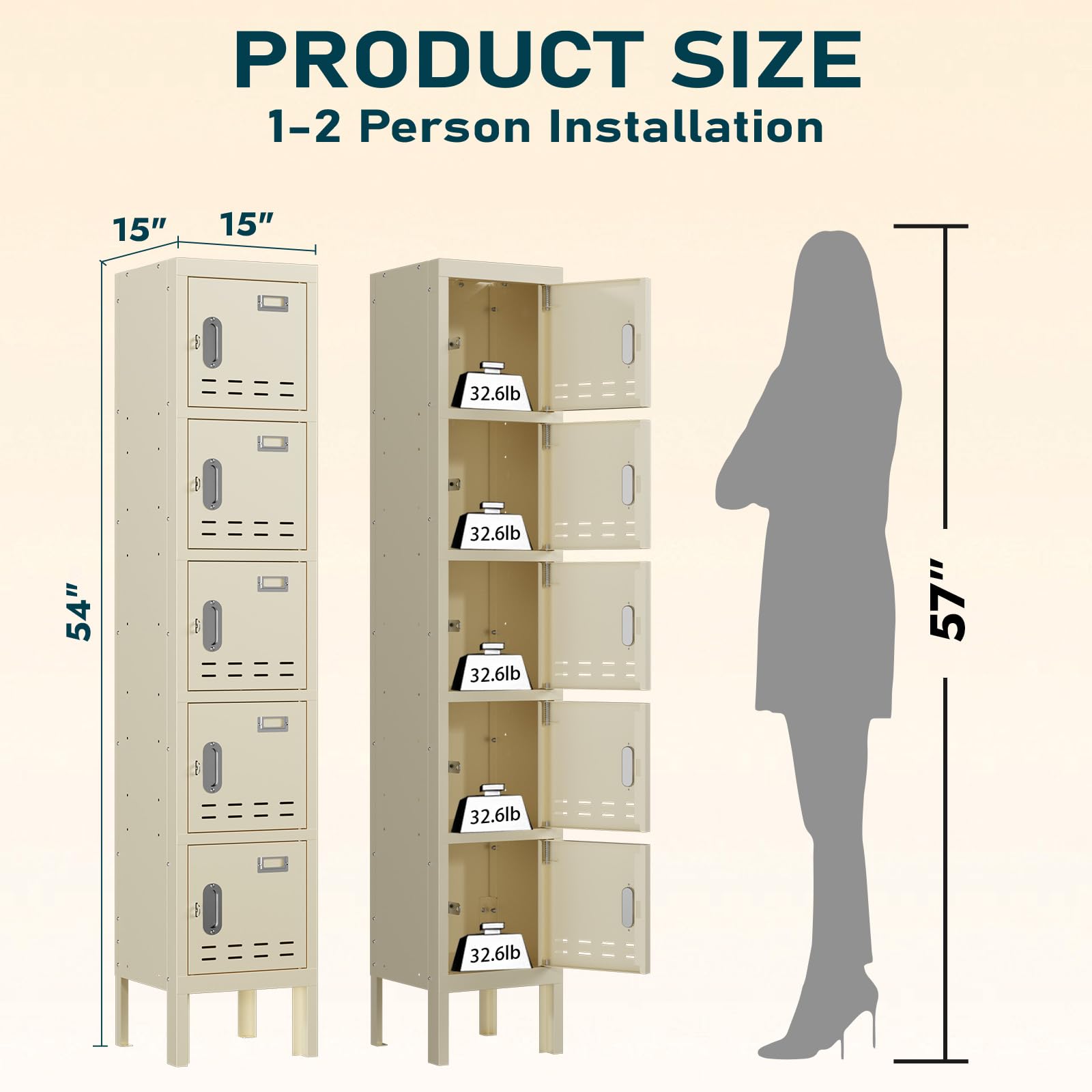 Lockers,Metal Locker, (Beige, 1 Door - (66.15" H x 11.8" W x 11.8" D))