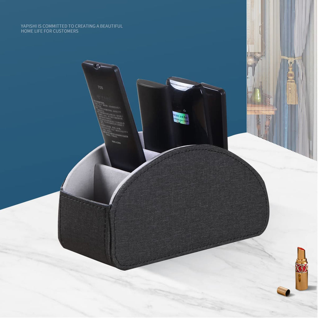 YAPISHI All-in-One Leather Brown TV Remote Holder with 5 Compartments Nightstand Desktop Media Player Remote Caddy Storage Box Organizer Tray for Mobile Office Phone Controller