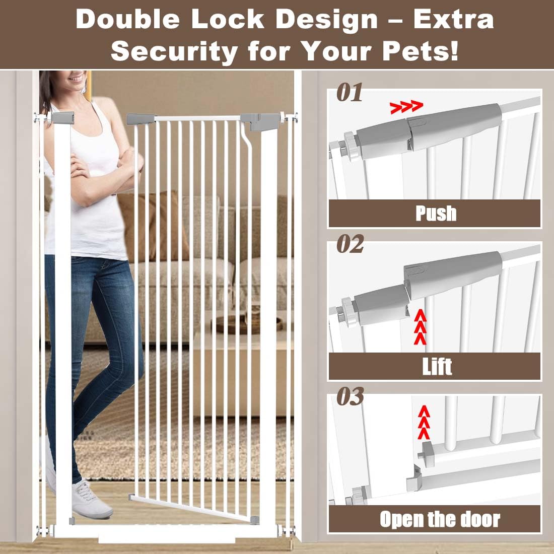 Fairy Baby 51.1" Extra Tall Pet Gate, 29.5"-32.6" Adjustable Width Auto Close Encrypted Tall Dog Gate, Cat Proof Metal Gate Indoor for Doorway Hallways, Pressure Mounted Child Safety Gates, Black