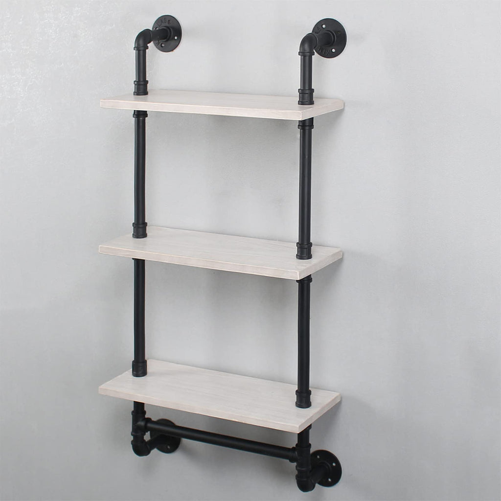 MBQQ Industrial Pipe Shelf Bathroom Shelves Wall Mounted,19.6in Rustic Wood Shelf with Towel Bar,1 Tier Farmhouse Towel Rack,Pipe Shelving Floating Shelves Towel Holder,Black & White