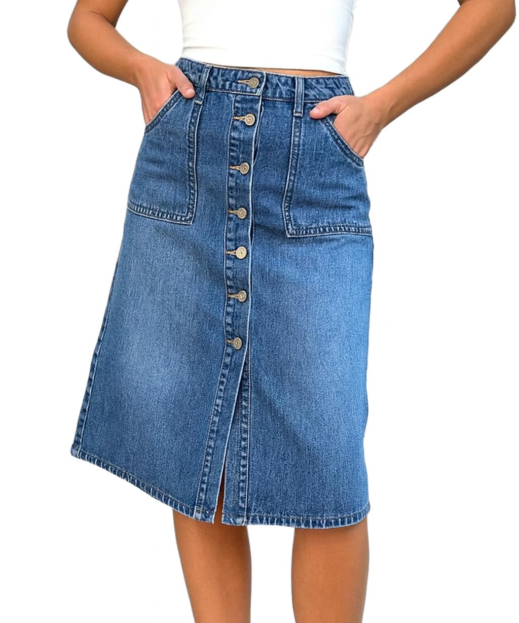 Jean Skirt for Women Denim Skirt High Waist Stretch Midi Denim Skirts with Pockets