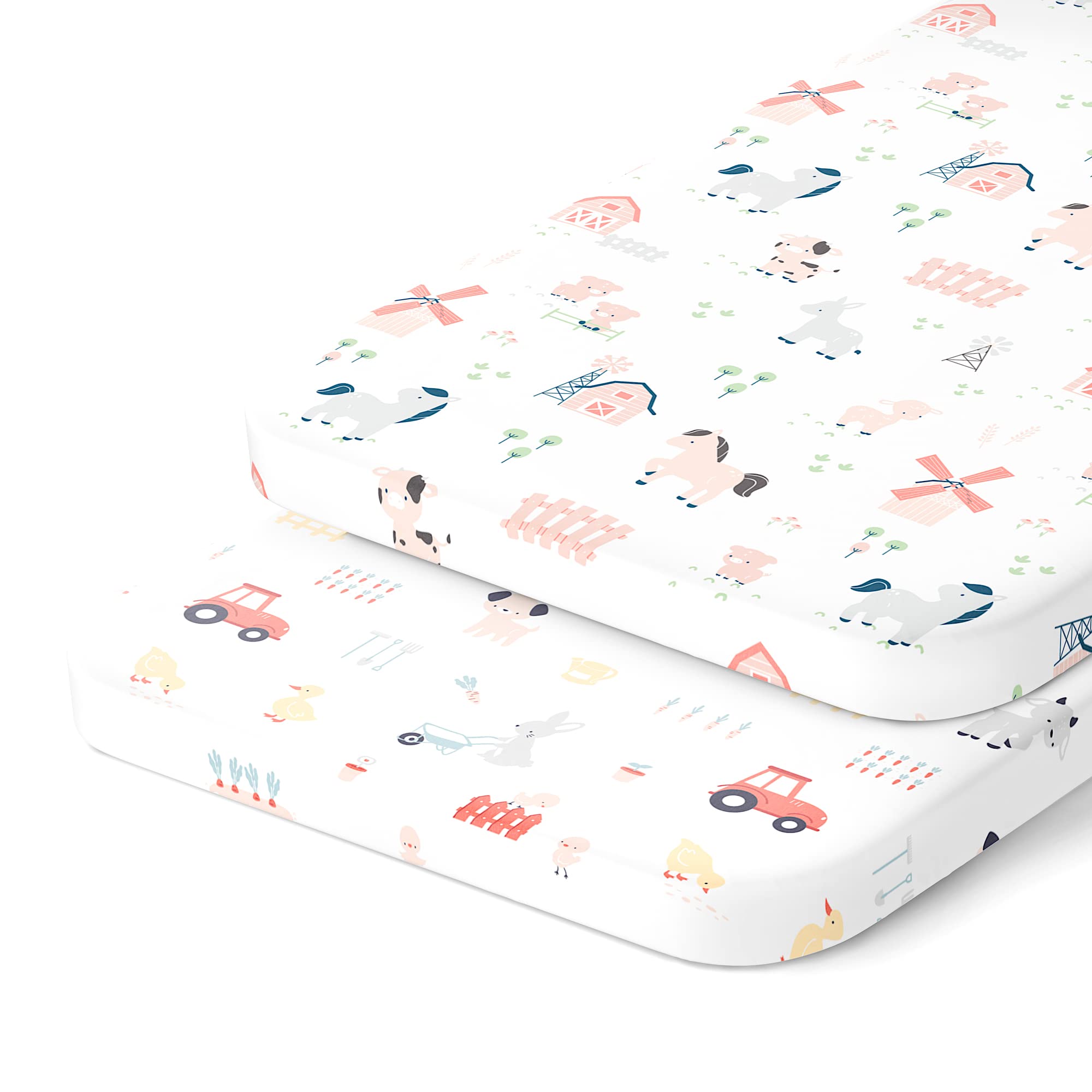 Joey + Joan Bassinet Sheets Compatible with 4moms Mamaroo Sleep Bassinet - Fits 18 x 30 Inch Oval Bassinet Mattress – Buttery Soft 100% Cotton – 2 Pack – Farm Animals – 2 Pack