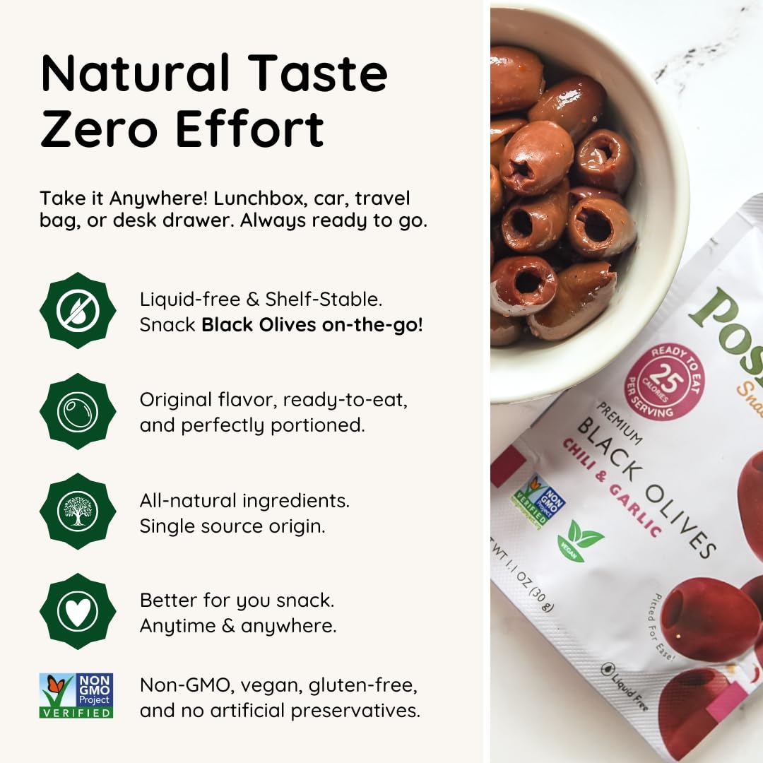 POSHI Green Pitted Olives - Basil & Garlic | Vegan, Kosher, Gluten Free + Keto Friendly, Fresh, Low Calorie Healthy Snacks | (30 Pack, 1.1oz Bags)