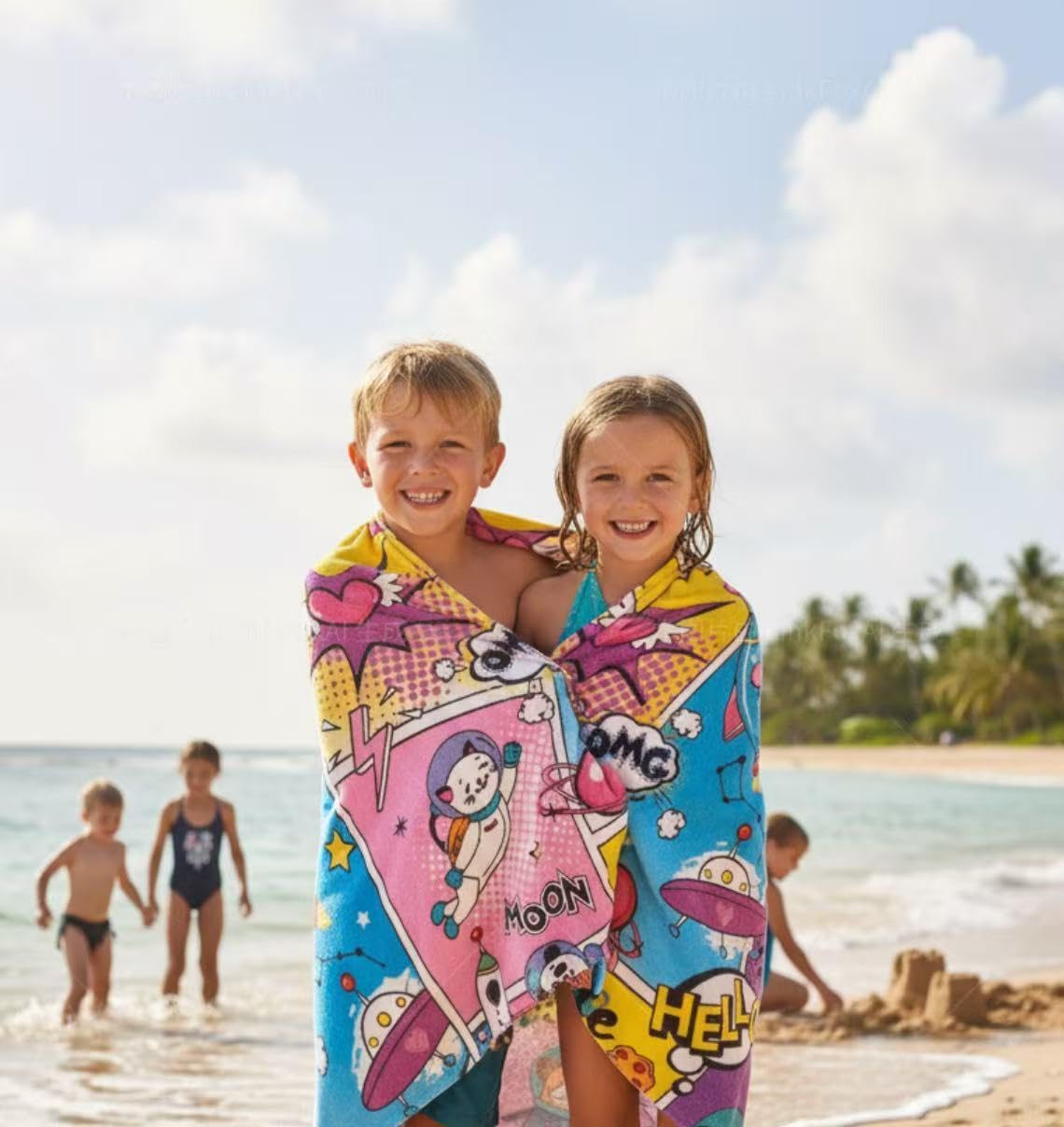 Kids Beach Towel Velour Terry Blanket Throw 100% Cotton Super Soft Absorbent 25.5X51 inches for Bath Swimming Sports Camping Holiday Picnic, Bus Coconut Parasol Lounge Audio Player.