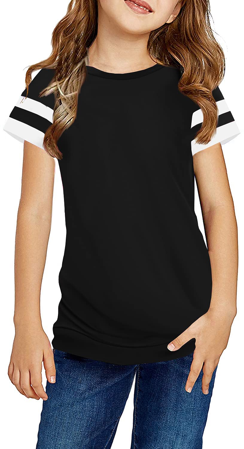 Ebifin Girls Casual Short/Long Sleeve T Shirts Kids Loose Soft Striped Color Block Tunic Tops, Tees Blouses Size 4-15 Years
