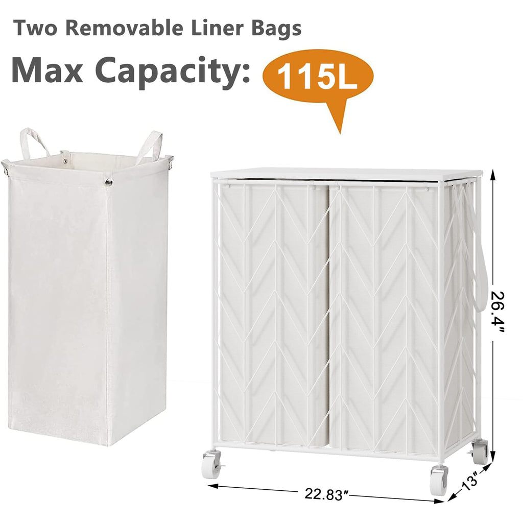 WOWLIVE Laundry Basket with Wheels, Heavy Duty Laundry Hamper with Wood Lid, Clothes Hamper with Divided Removable Liner Bag, Large Capacity Iron-Made Laundry Sorter Laundry Room Organization (Beige)