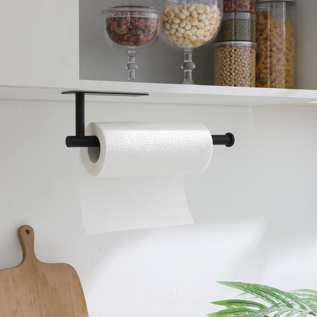 theaoo Paper Towel Holder - Under Cabinet Paper Towel Holder for Kitchen, Adhesive Paper Towel Roll Rack for Bathroom Towel, Wall Mounted Matte Black Paper Towel Rack, SUS304 Stainless Steel(1, Black)