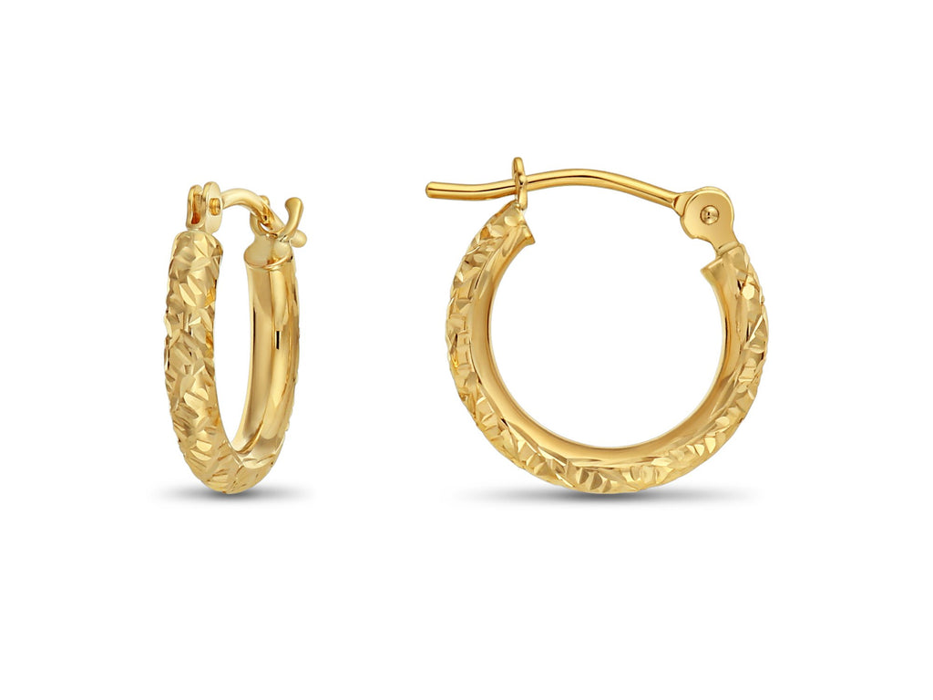 14k Gold Hand Engraved Diamond-cut Round Hoop Earrings, (0.5 inch Diameter)