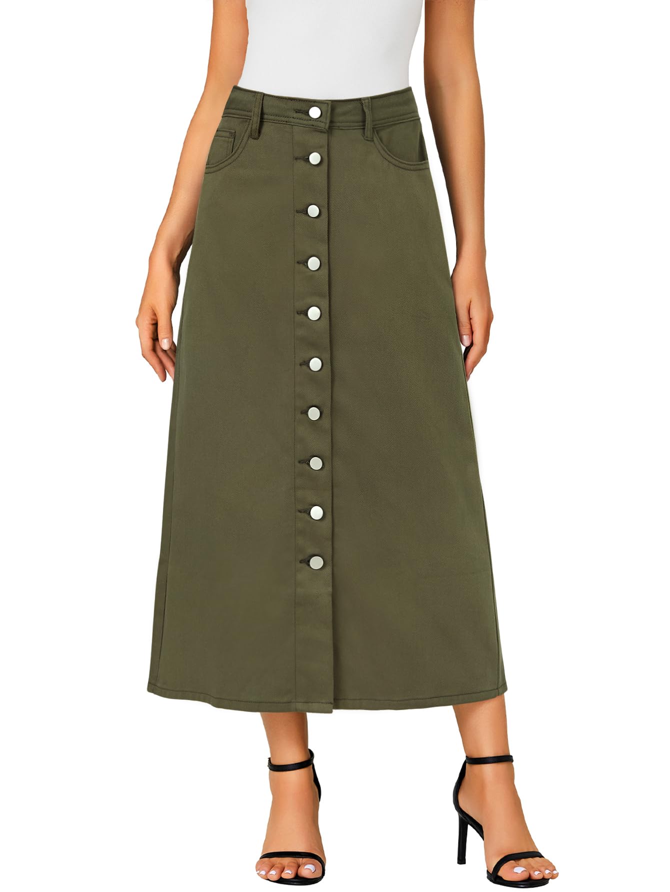 Vrtige Women's Casual Button Down High Waisted A Line Jean Midi Long Denim Skirt with Pockets