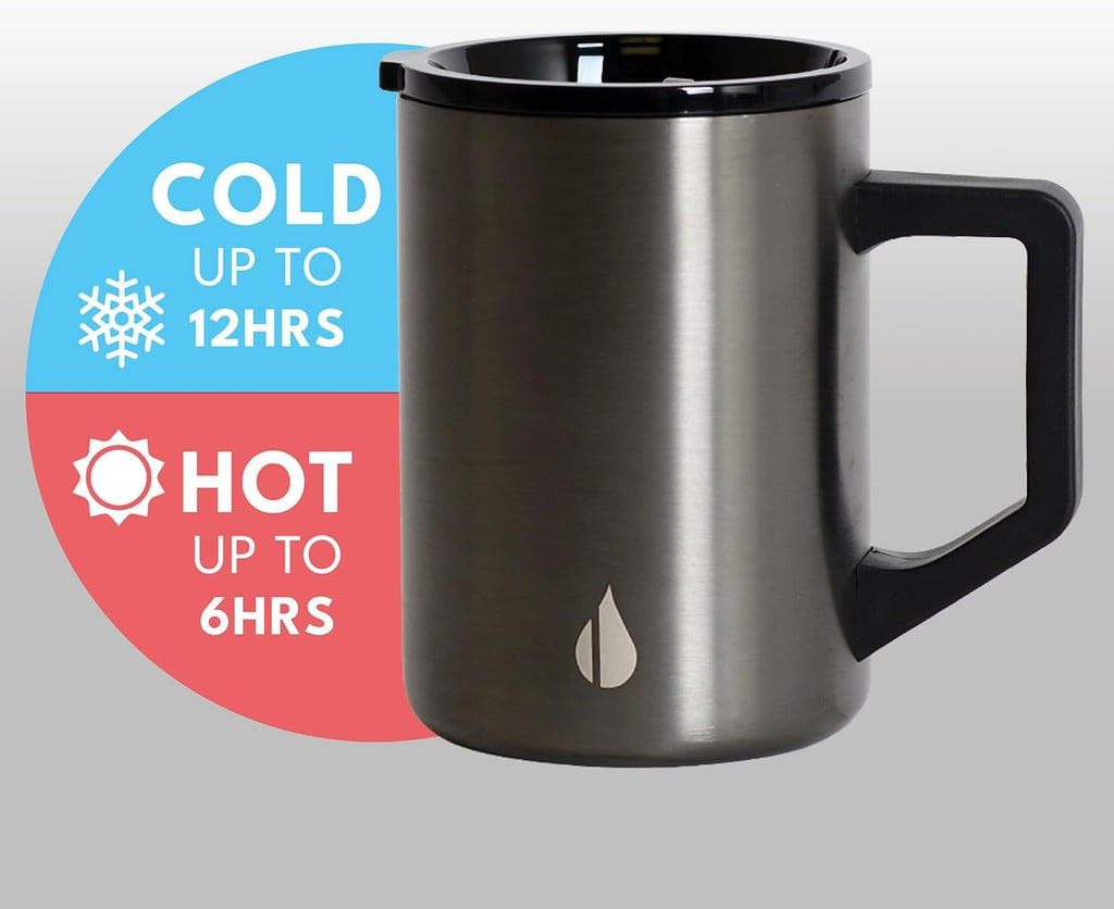 Elemental Insulated Coffee Mug - Triple-Wall Stainless Steel Summit Travel Cup for Hot and Cold Drinks - Thermal Coffee Mug with Lid and Handle for Camping, Office & Travel 12oz - Black