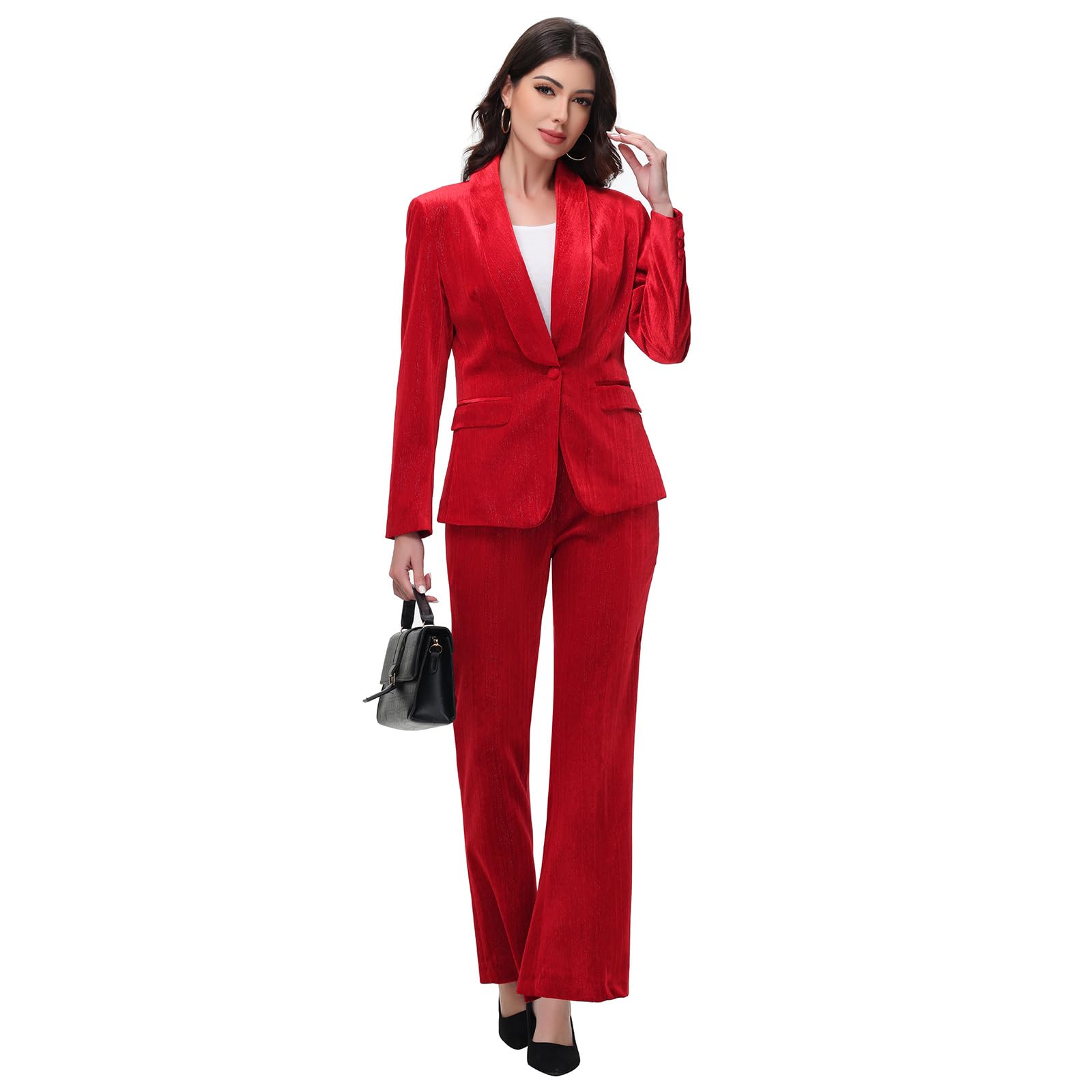 Lamgool Women Pantsuit Dressy Silver Thread Velvet 2 Piece Suit Set Blazer and Flared Pants