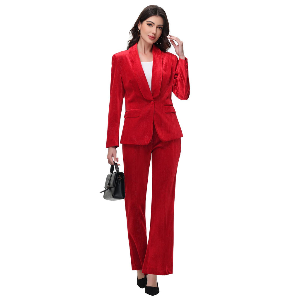 Lamgool Women Pantsuit Dressy Silver Thread Velvet 2 Piece Suit Set Blazer and Flared Pants