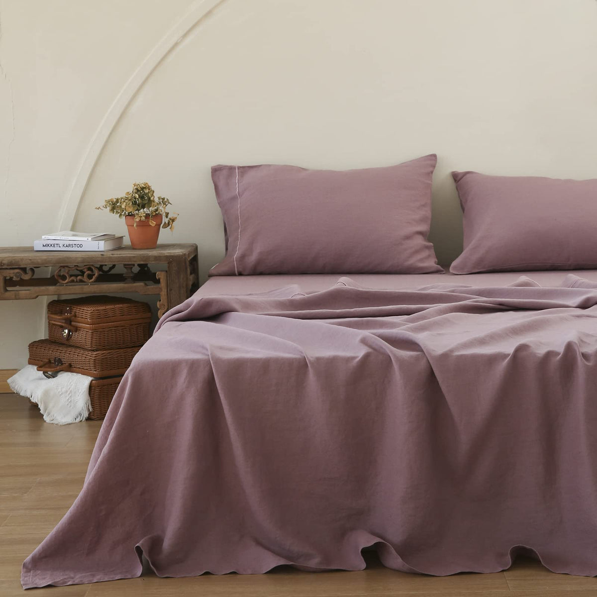 Simple&Opulence 100% Pure Linen Sheet Set Twin Size, Natural French Flax Solid Color 3 Pcs Washed Breathable, Farmhouse Bedding (1 Flat Sheet,1 Fitted Sheet,1 Pillowcase)-Embroidery Dark Grey