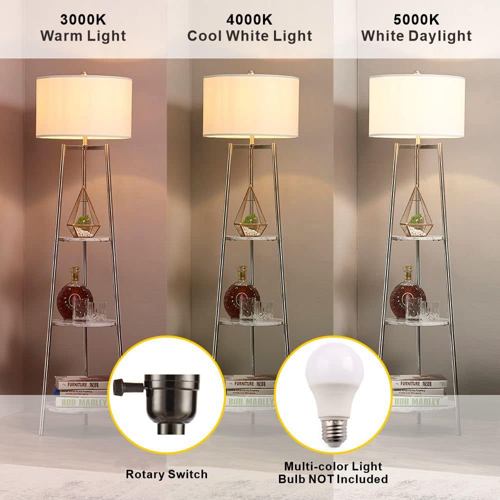 ROSEN GARDEN Floor Lamp, Standing Reading Light with Shelves and Fabric Shade, Modern Tall Pole Lamp, Accent Furniture Décor Lighting for Living Room, Bedrooms (Gold, 4-Tier)