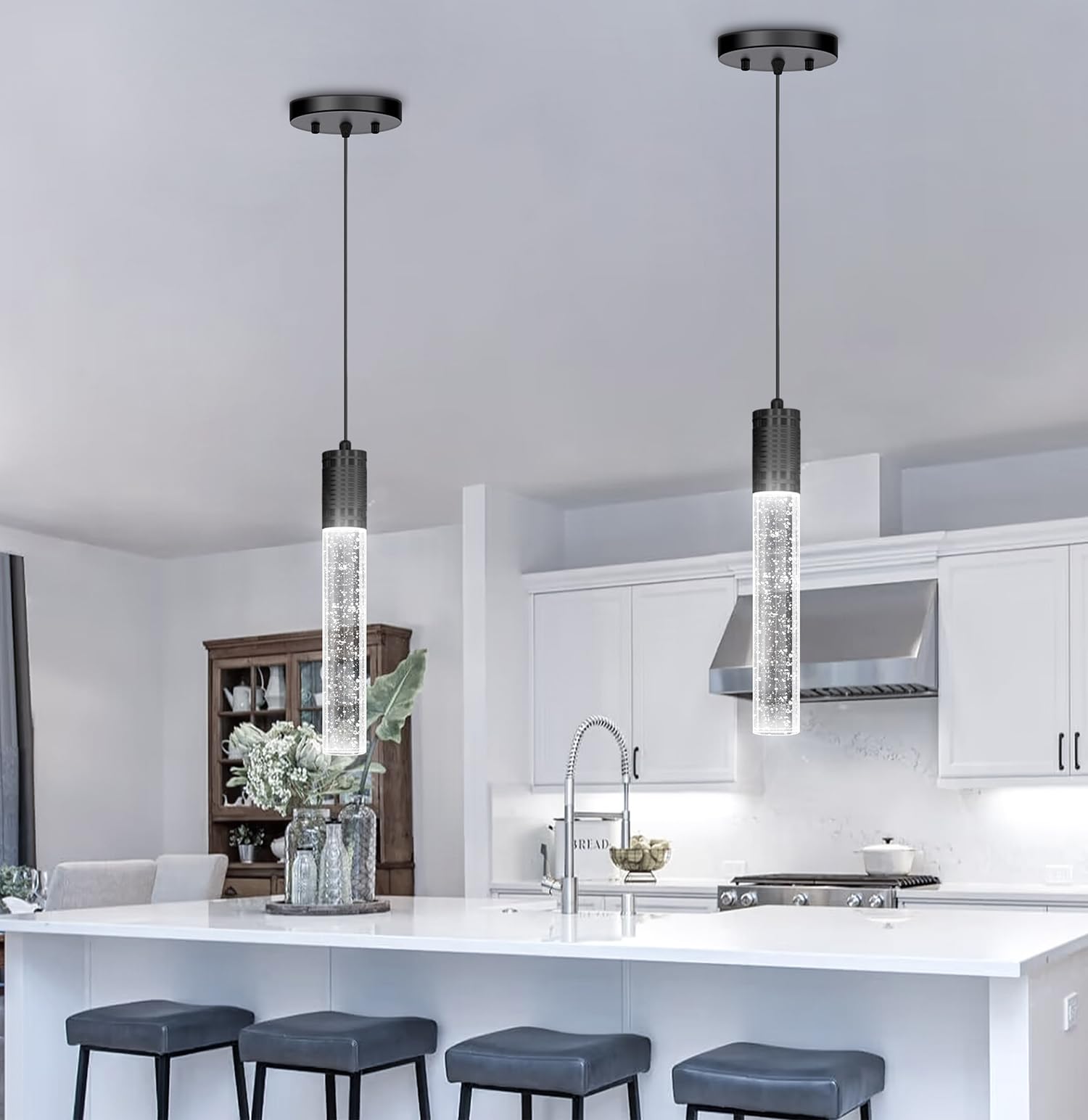 HAIXIANG Modern Kitchen Island Hanging Light Fixtures Crytstal Pendant Lighting for Kitchen Island Chrome Mini Chandelier with 6000K Daylight Bulb