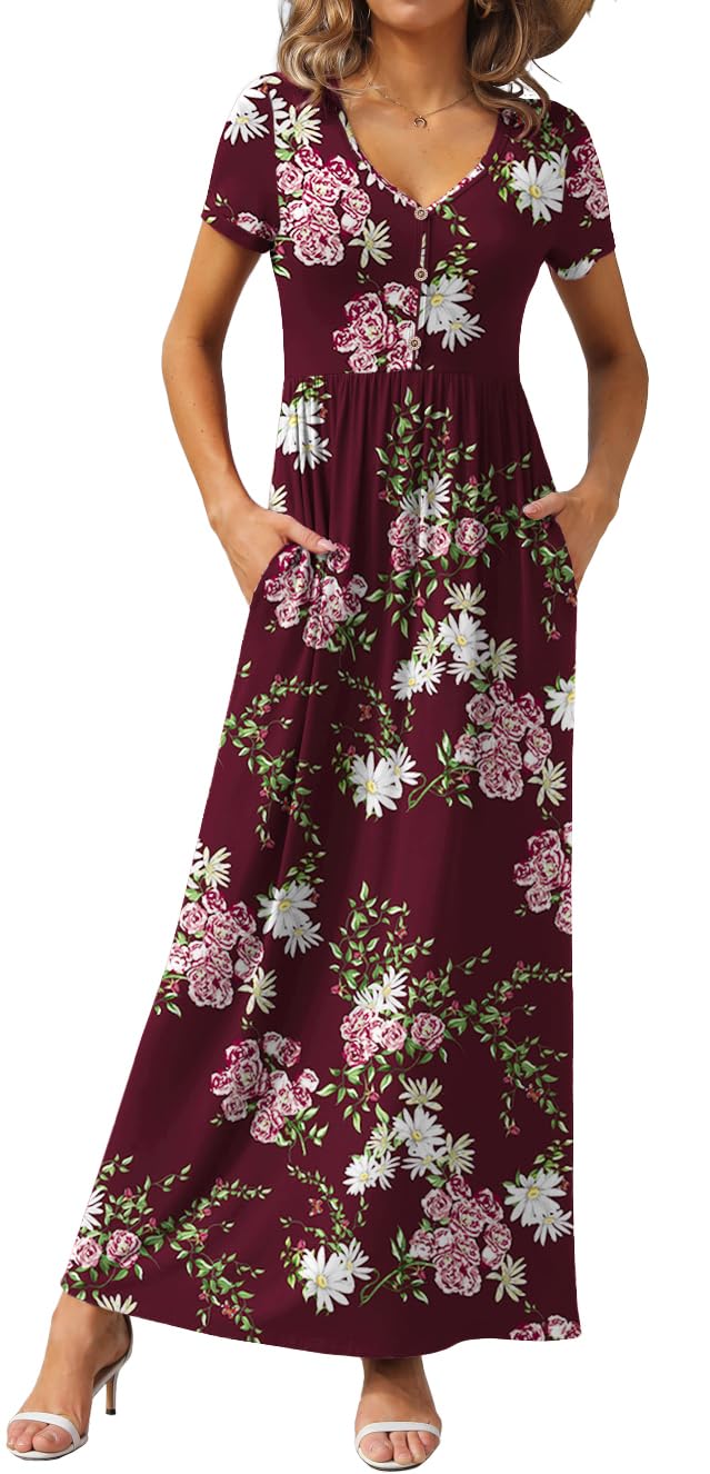GRECERELLE Womens Summer Long Maxi Dresses 2026 Short Sleeve V Neck Casual Button Dress with Pockets
