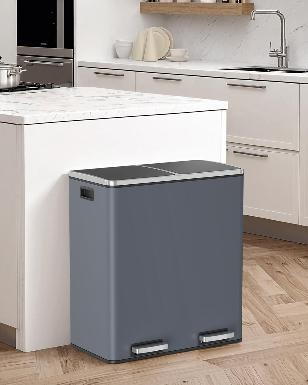 Arlopu Dual Trash Can, 2 x 8 Gallon (2 x 30 L) Hands-Free Trash and Recycle Bin Combo, Stainless Steel Kitchen Garbage Can with Soft-Close Lid, Removable Inner Buckets, Step Pedal, Airtight (Black)