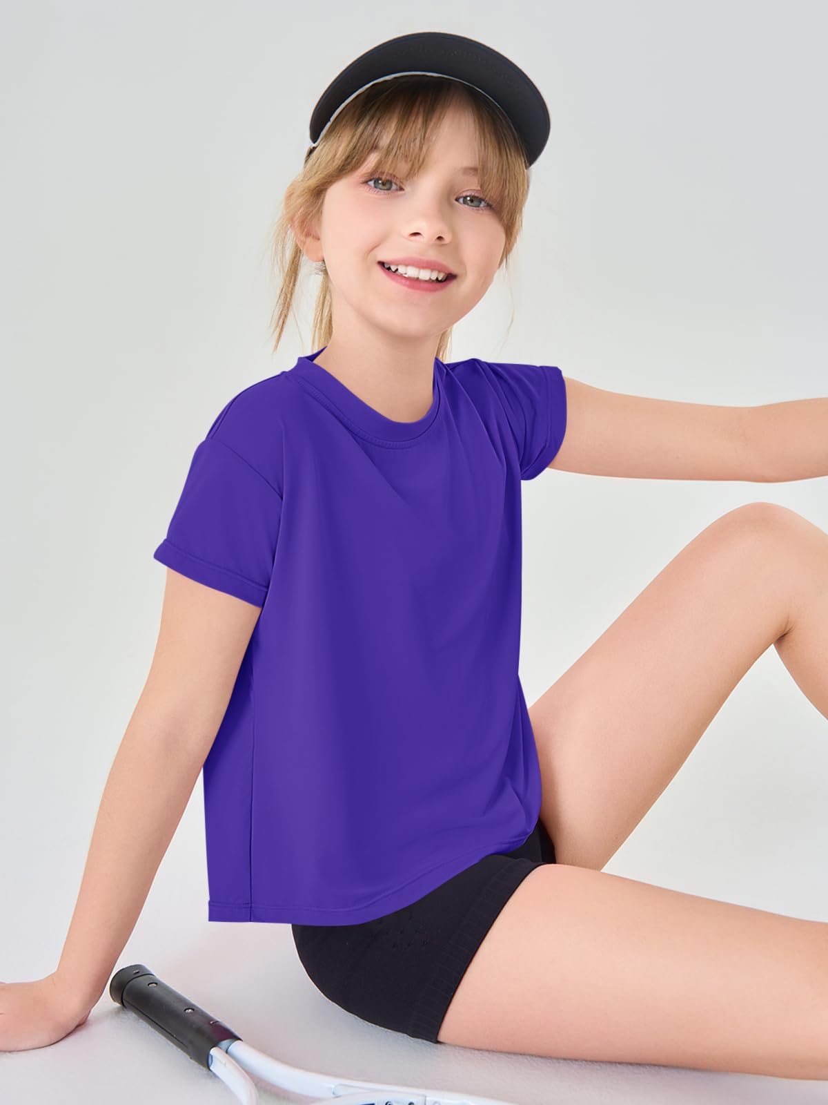 Haloumoning Girls Loose Athletic Shirts Short Sleeve Crop Tops Kids Quick Dry Gym Yoga Tees 5-14 Years