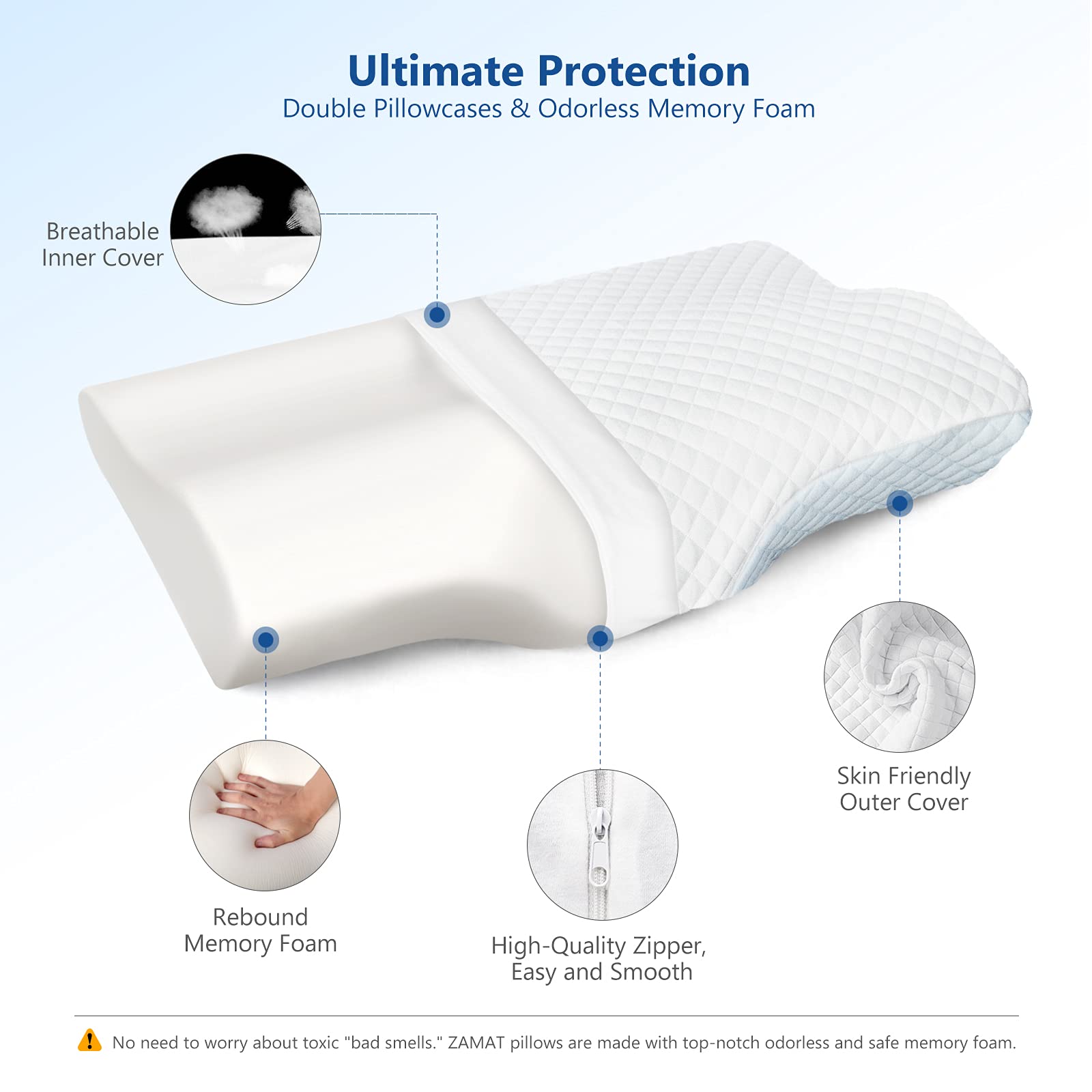 ZAMAT Memory Foam Pillow for Neck Pain Relief, Adjustable Ergonomic Cervical Pillow for Sleeping, Orthopedic Neck Pillow with Washable Cover, Bed Pillows for Side, Back, Stomach Sleepers