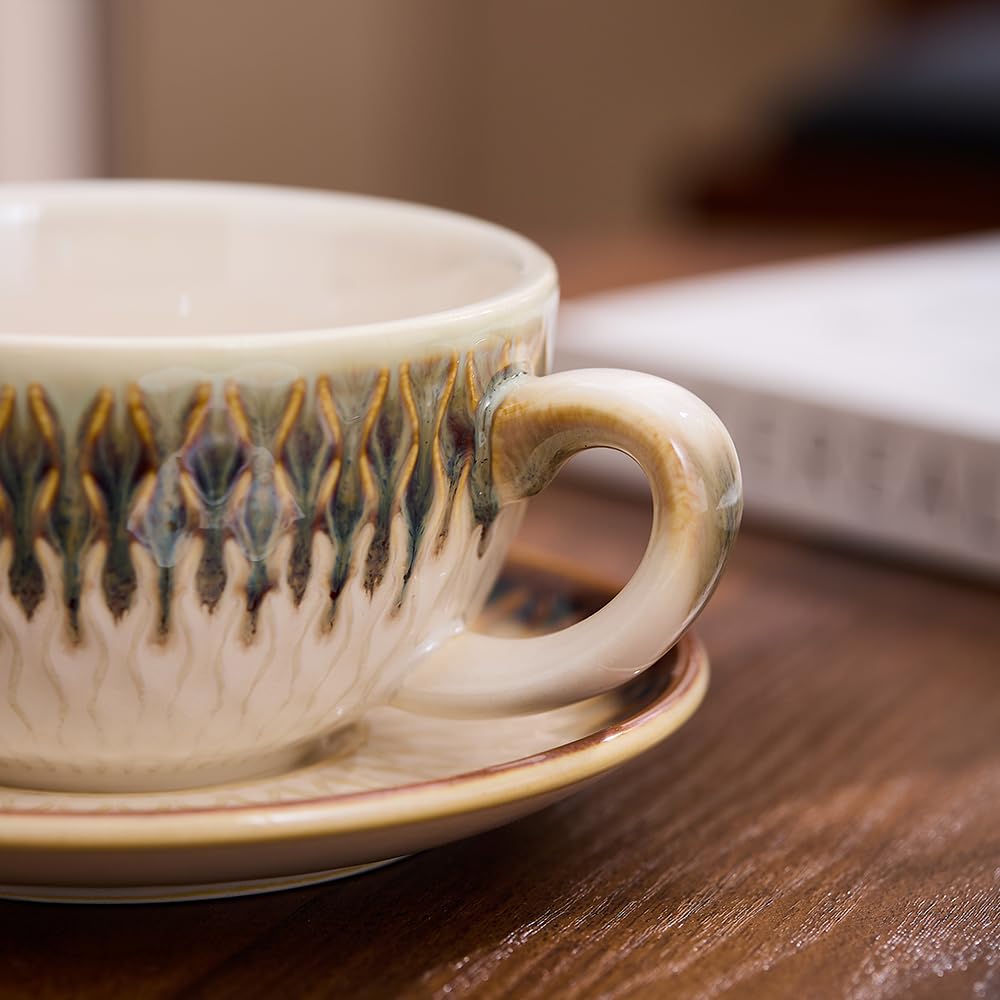 Coffeezone Vintage Design 12 oz Ceramic Latte Art Cappuccino Barista Cup with Saucer (Beige)