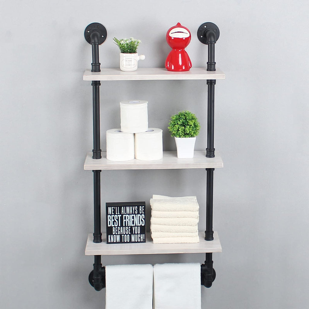 MBQQ Industrial Pipe Shelf Bathroom Shelves Wall Mounted,19.6in Rustic Wood Shelf with Towel Bar,1 Tier Farmhouse Towel Rack,Pipe Shelving Floating Shelves Towel Holder,Black & White