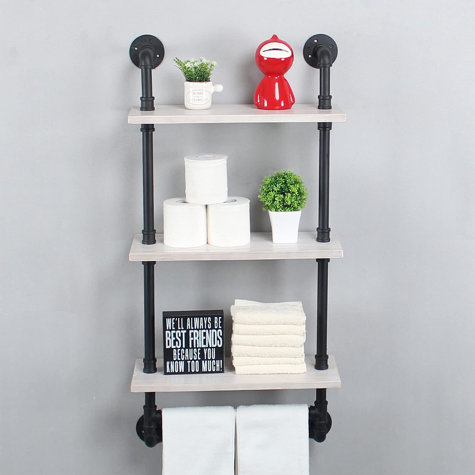MBQQ Industrial Pipe Shelf Bathroom Shelves Wall Mounted,19.6in Rustic Wood Shelf with Towel Bar,1 Tier Farmhouse Towel Rack,Pipe Shelving Floating Shelves Towel Holder,Black & White