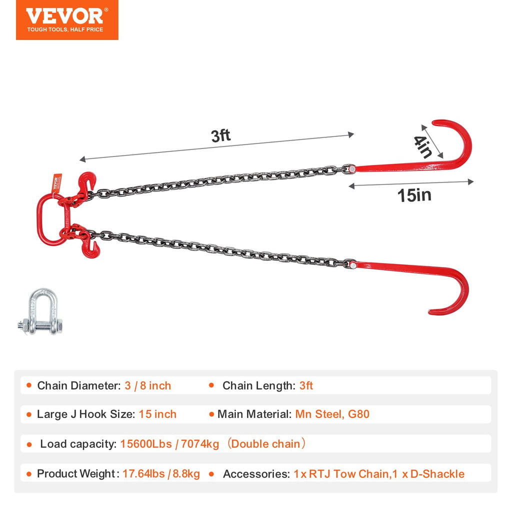VEVOR G80 V Bridle Chain, 3/8" x 2' Towing Chain Bridle with 15" J Hooks, T Hooks & Grab Hooks, Heavy Duty Transport Tow Chain Bridle with 7800 lbs Safe Working Load for Flatbed Truck Wrecker Recovery