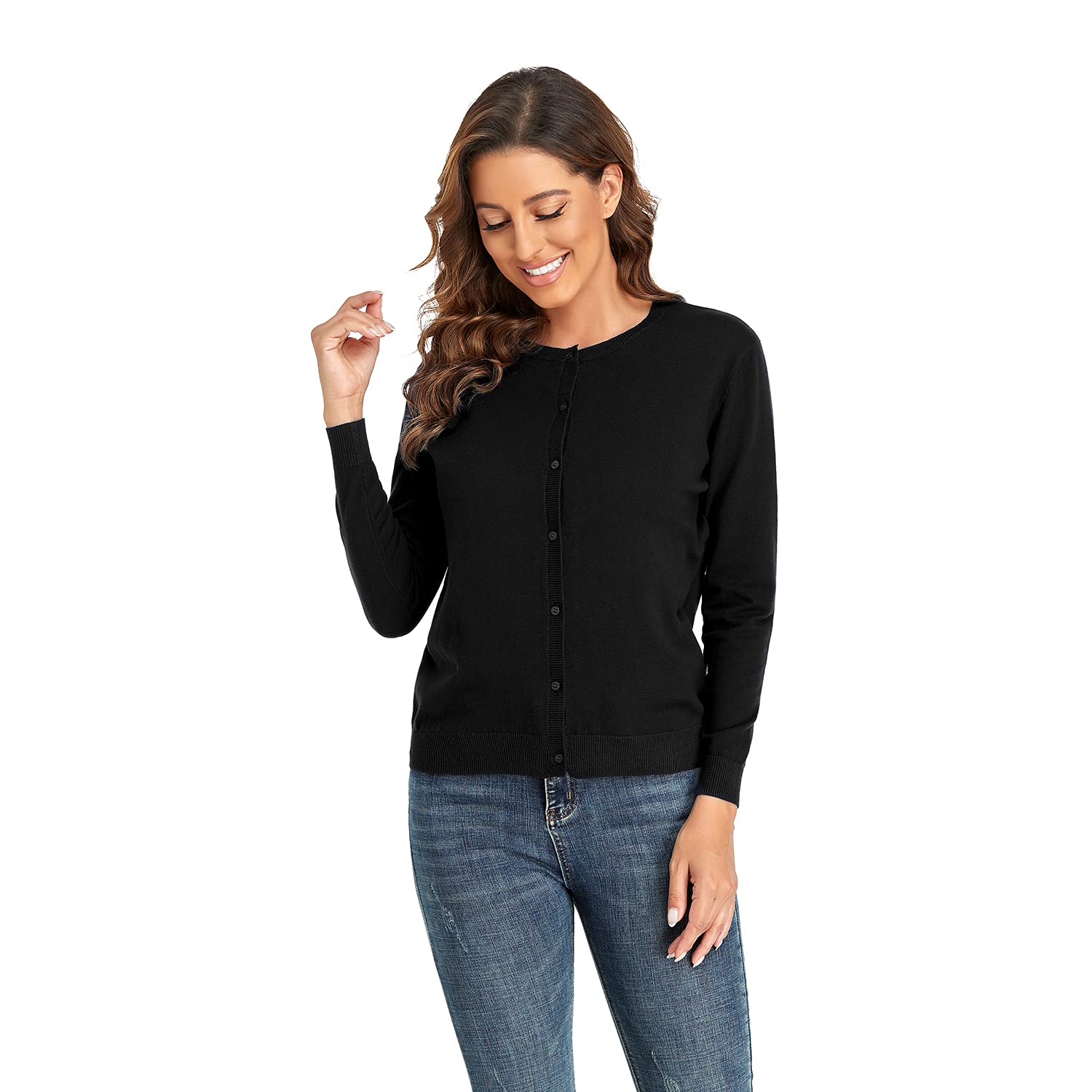 CUNYI Women's Crew Neck Cardigan Long Sleeve Sweater for Women Button Down Soft Knit Ladies Cardigan Sweates Coat