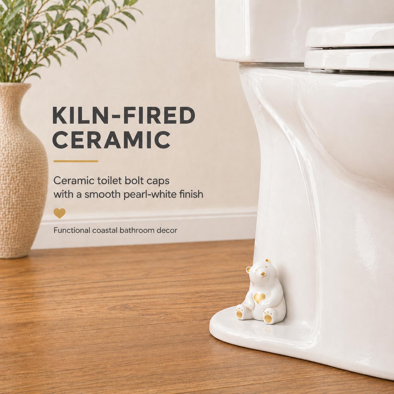 MENNTY Black Polar Bear Toilet Bolt Covers Decorative - 2 Glossy Black Ceramic Toilet Bolt Caps + 4 Universal Toilet Caps for Bottom of Toilet, Modern Monochrome Bathroom Decor