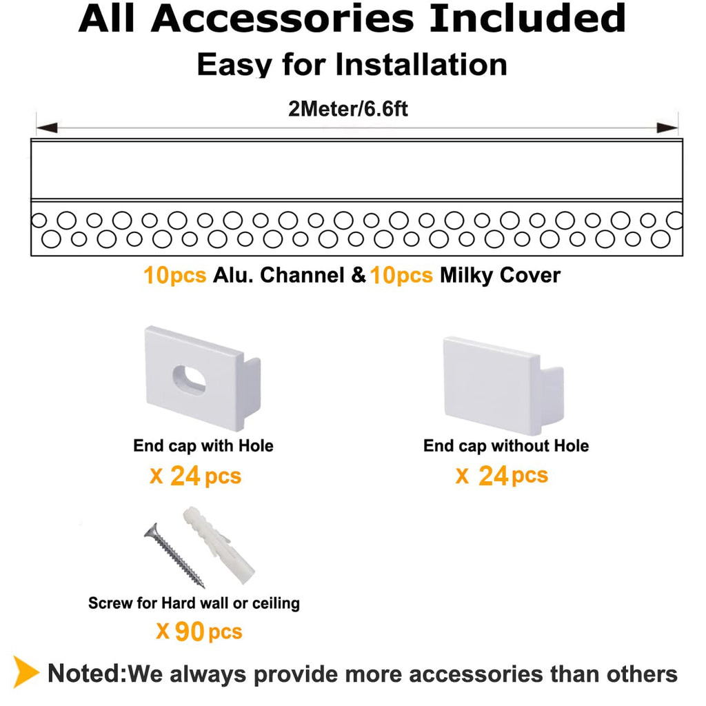 hunhun 10-Pack6.6ft/2Meter Drywall LED Aluminum Channel System with Milky Cover, End Caps and Mounting Clips, Aluminum Profile for LED Strip Light Installations (Single-Edge-6.6ft, 10)