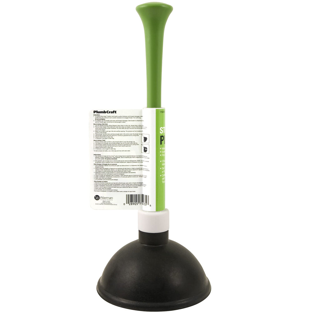 PlumbCraft 14-18-in. Stow-Away Plunger with Adjustable Handle 7503500, Heavy Duty Toilet Plunger for Households, Ergonomic Plunger to Unclog Toilet, Toilet Bowl Plunger with Ergonomic Handle
