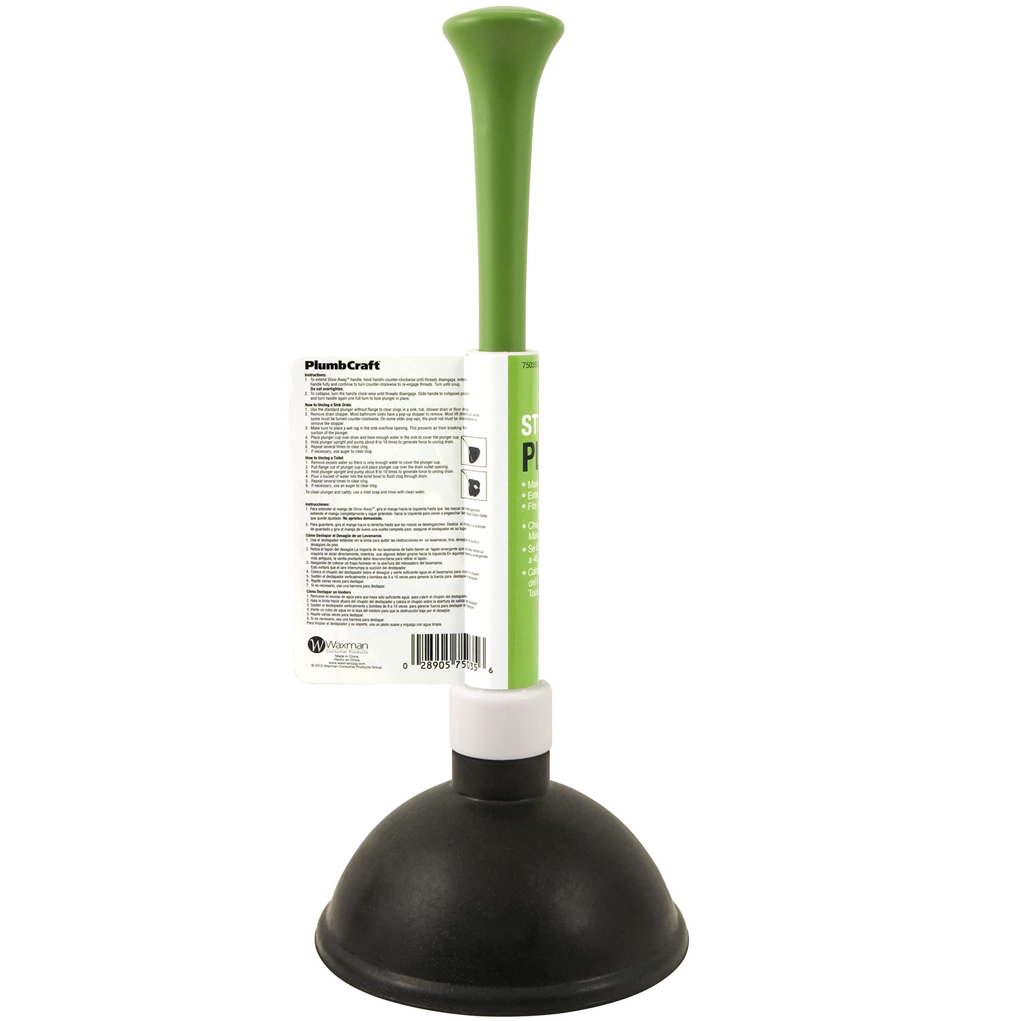 PlumbCraft 14-18-in. Stow-Away Plunger with Adjustable Handle 7503500, Heavy Duty Toilet Plunger for Households, Ergonomic Plunger to Unclog Toilet, Toilet Bowl Plunger with Ergonomic Handle