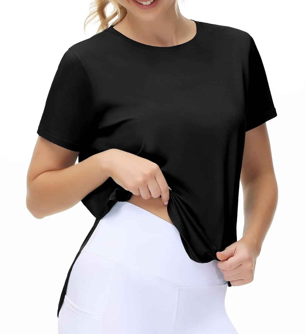 THE GYM PEOPLE Women's Workout T-Shirts Loose Fit Short Sleeve Cotton Running Basic Tee Tops with Split Hem