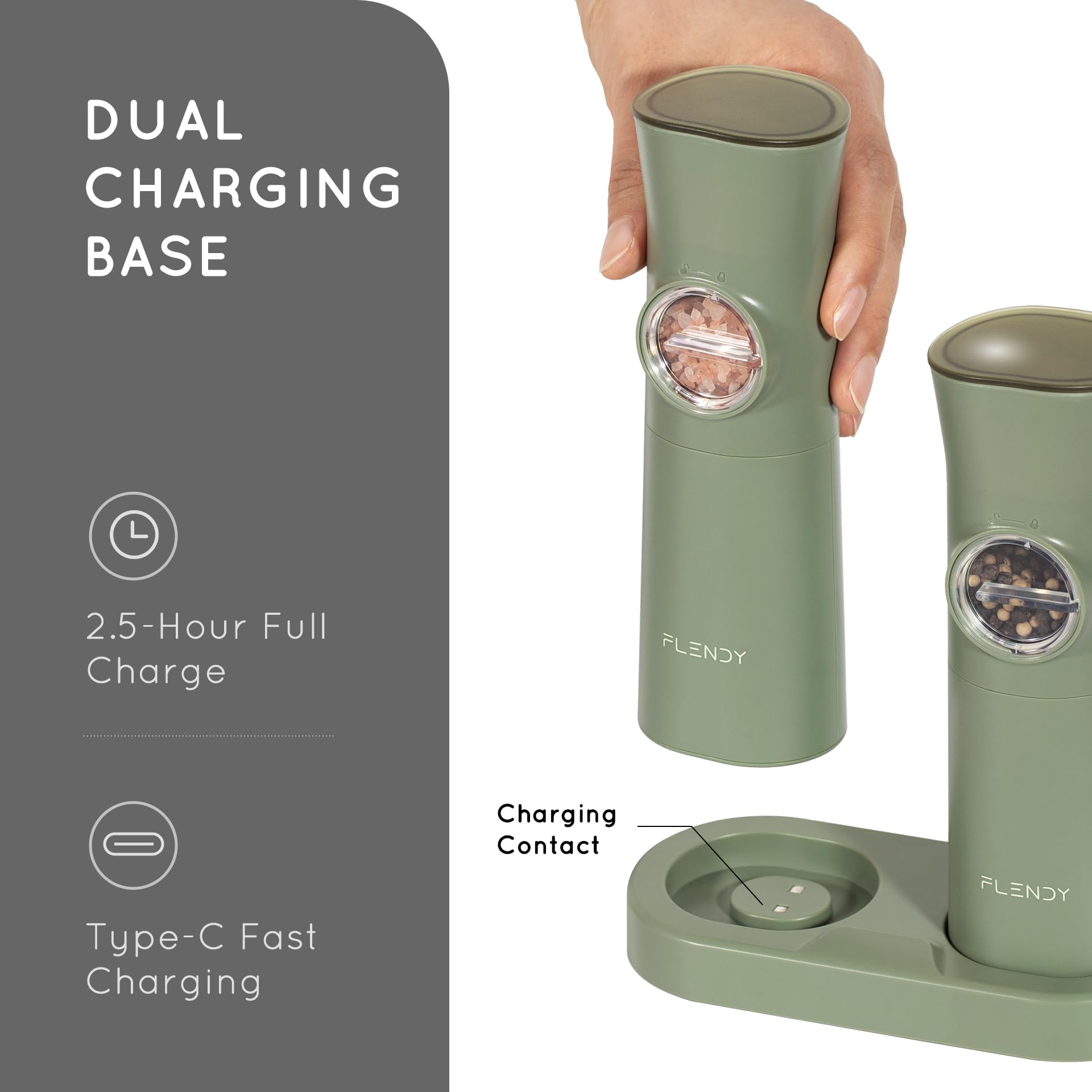 Flendy Gravity Electric Salt and Pepper Grinder Set Rechargeable, Automatic Salt and Pepper Grinder Set with USB C Charging Base, Gravity Salt and Pepper Shakers Set Electric