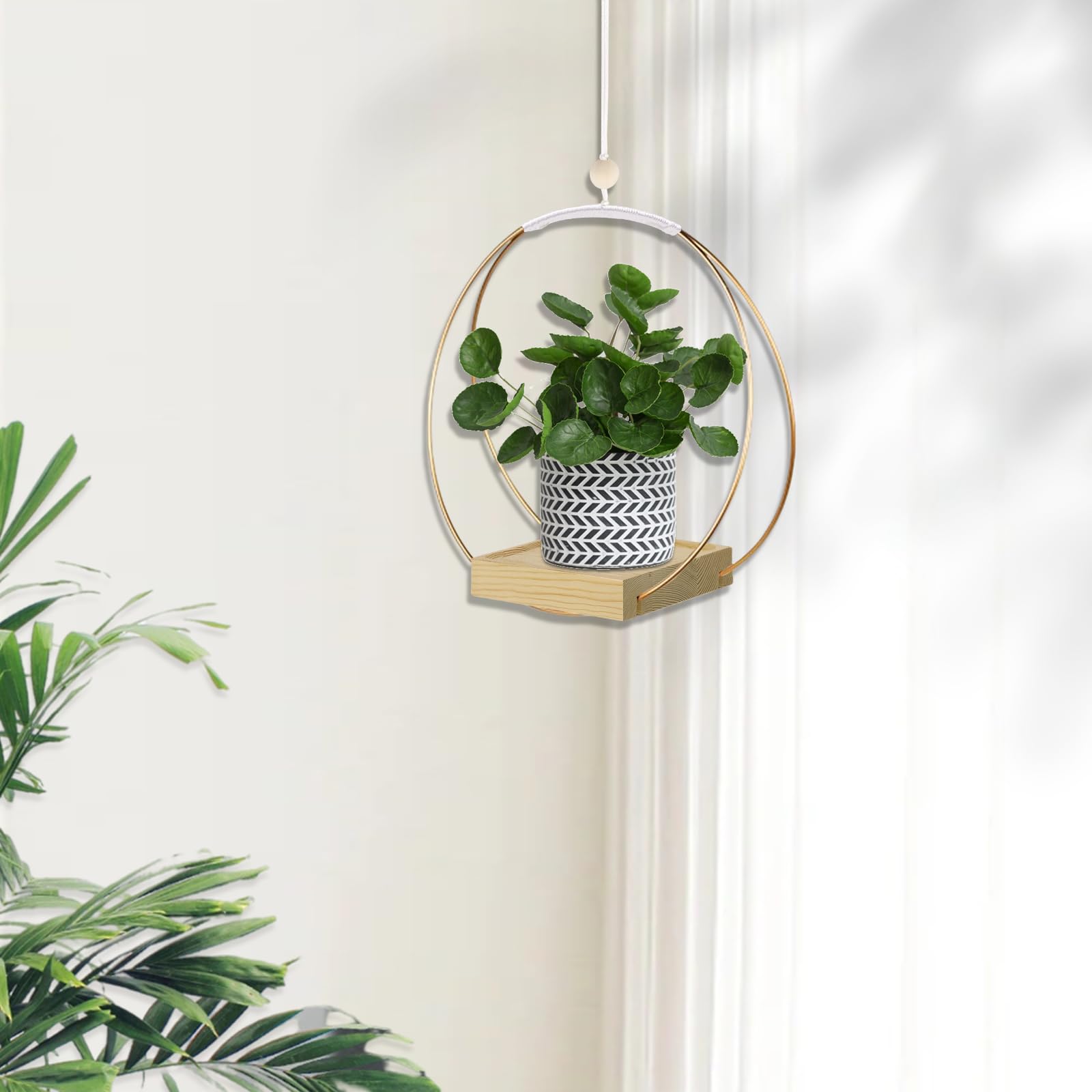 Hanging Planter for Indoor Plants, Black Plant Hanger Indoor with Sturdy Wood Base, Modern Boho Macrame Plant Hanger for 3-5.5 Inch Pot, Hanging Wall Ceiling Window Home Decor (Pots Not Included)