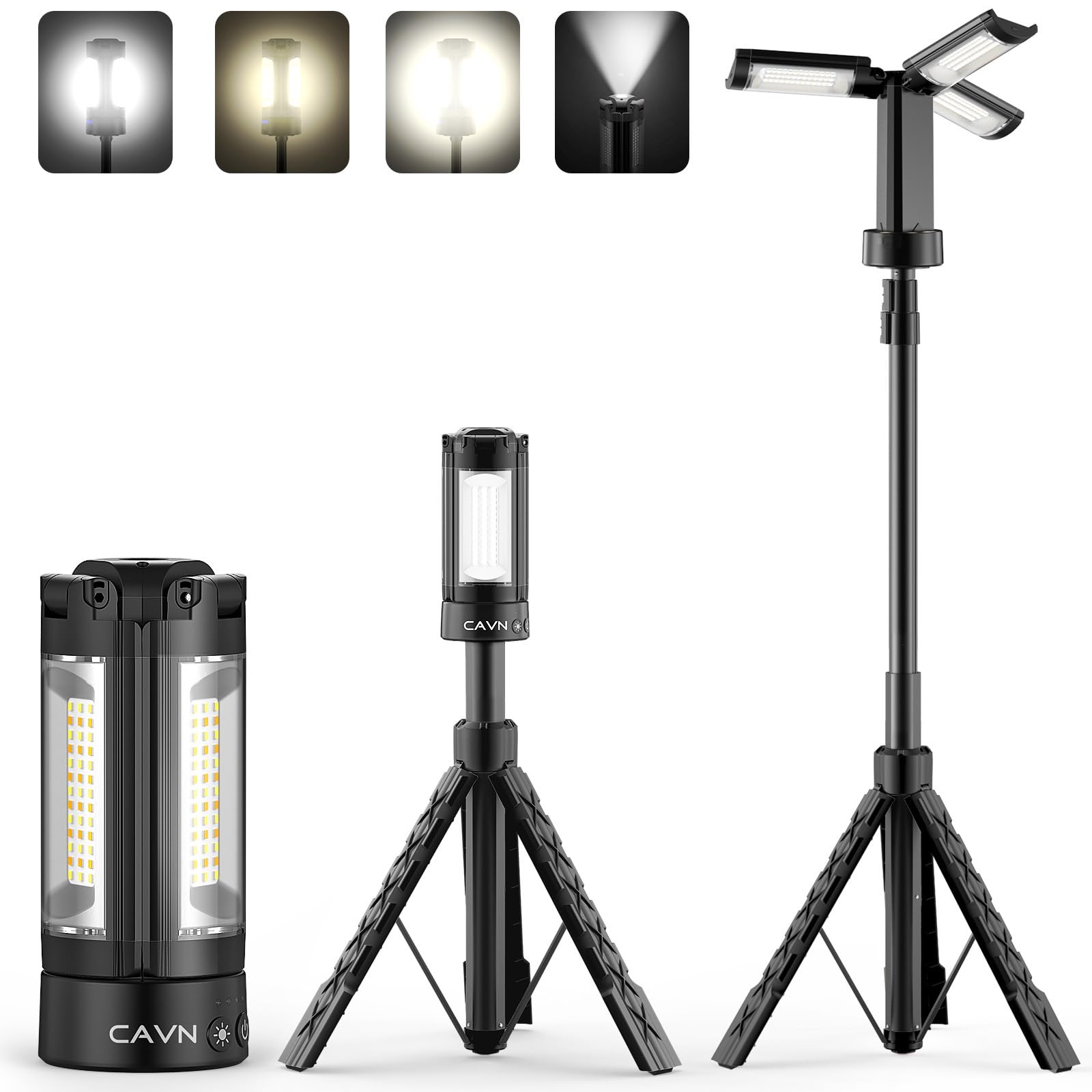 CAVN Rechargeable Camping Lights with Stand 6.0 ft Max Height, Portable Cordless LED Work Light 2200 Lumens 6500/4500/3500K Dimmable Camping Essentials Gear with Detachable Tripod, Black
