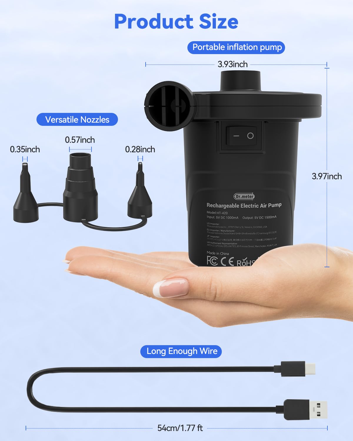 Dr.Meter Air Pump for Inflatables: AC 110V Air Mattress Pump with 3 Nozzles - Quick-Fill Electric Inflator Deflator for Inflatable Pool Raft Bed Boat Floats Swimming Rings Yoga Balls