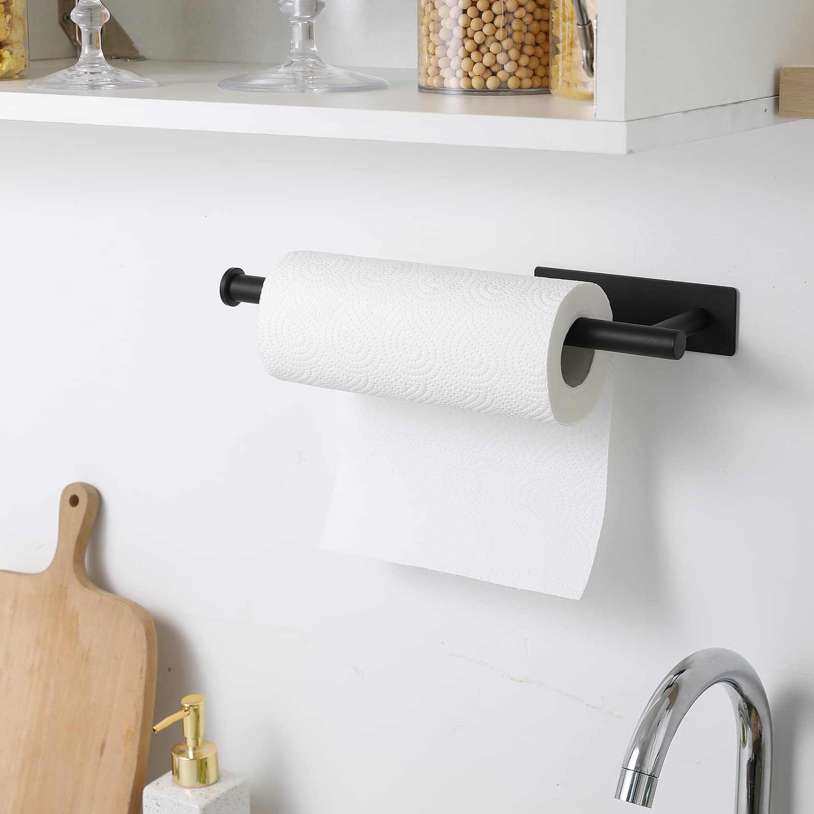 theaoo Paper Towel Holder - Under Cabinet Paper Towel Holder for Kitchen, Adhesive Paper Towel Roll Rack for Bathroom Towel, Wall Mounted Matte Black Paper Towel Rack, SUS304 Stainless Steel(1, Black)