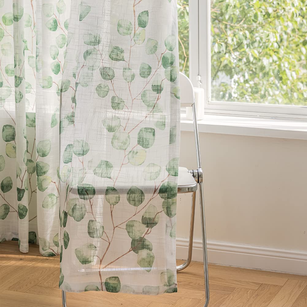 SUOUO Blue Leaf Semi Sheer White Curtains for Bedroom Dining Living Room Linen Textured 84 inches Long Rod Pocket Boho Window Drapes 2 Panels