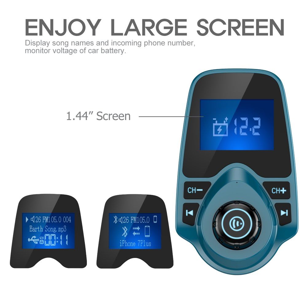 Nulaxy KM18 Bluetooth 5.4 Car Adapter with 1.44" Clear Display & Flexible Gooseneck - FM Radio Transmitter & Bluetooth Receiver for Hands-Free Calls, Wireless Music via BT/FM/AUX/TF, USB Car Charger